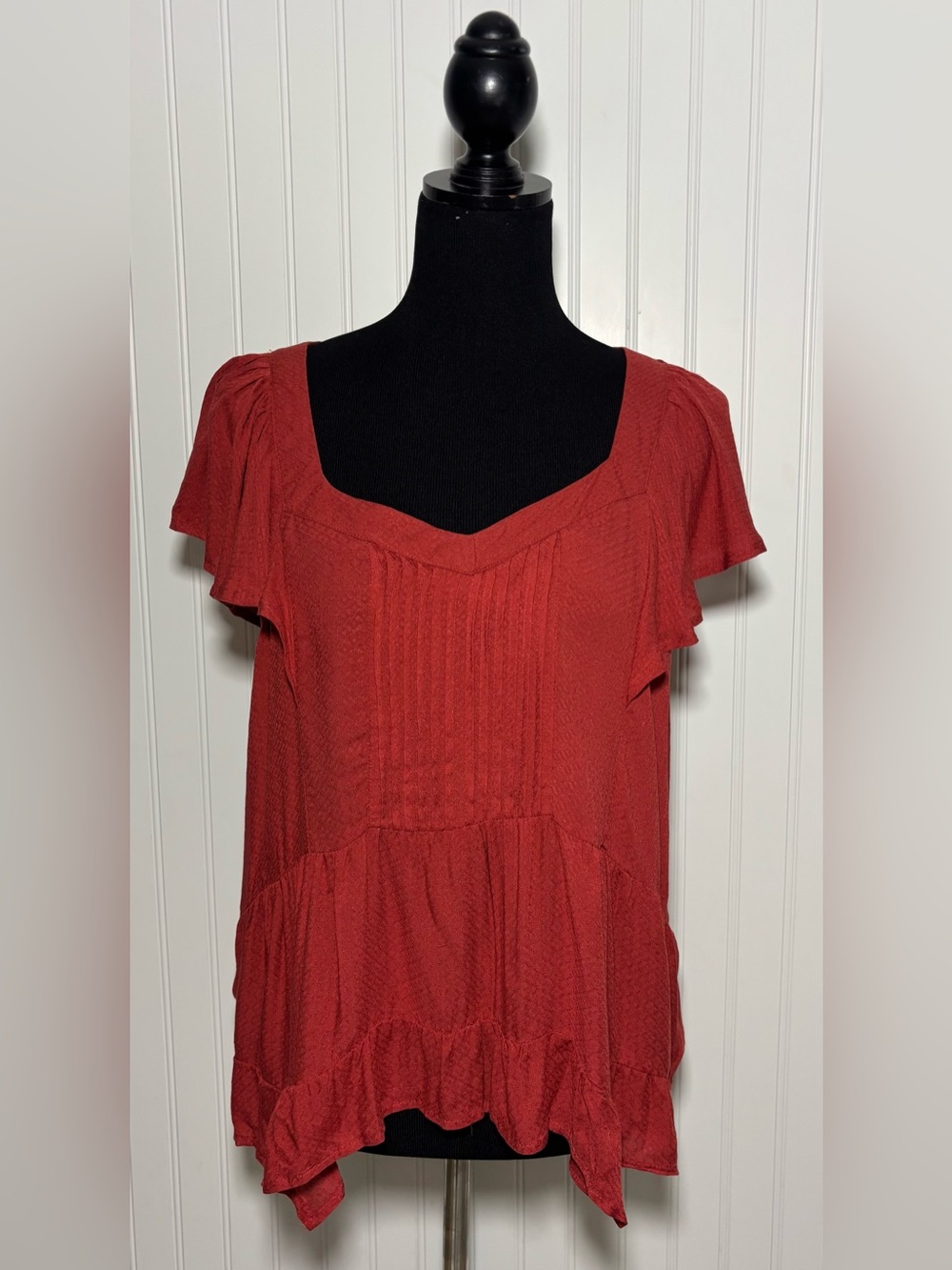 Maurices Ruffled Babydoll Blouse Cap Sleeve Rust Red Womens Size XXL Flowy Boho - Picture 2 of 16